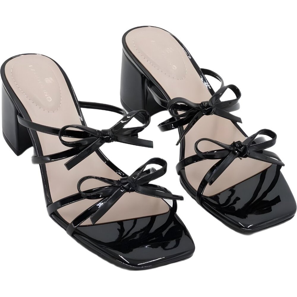 Women's Bandolino Margil Bow Block Heel Sandals Black Patent US 7.5M